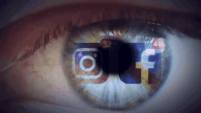 a close up of a person 's eye with facebook instagram and other social media icons
