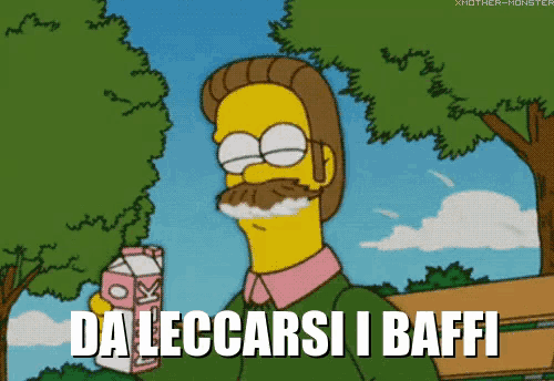 a cartoon of a man holding a carton of milk with the words da leccarsi i baffi written below him