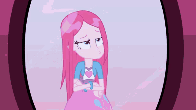 pinkie pie from my little pony equestria girls looking at herself in the mirror