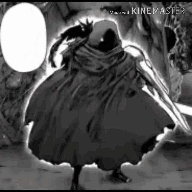 a black and white drawing of a person holding a sword in a cape .