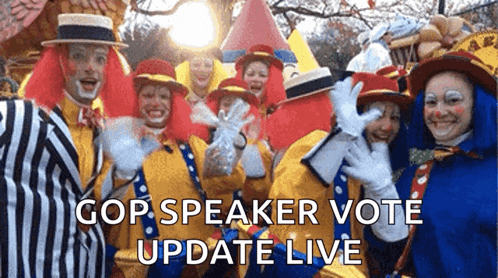 a group of clowns with the words gop speaker vote update live on the bottom