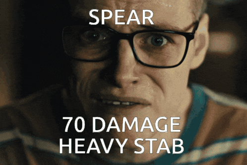 a close up of a man wearing glasses with the words spear 70 damage heavy stab below him
