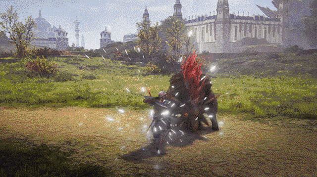 a video game character is fighting a monster in a field with a castle in the background