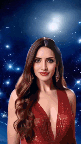 a woman in a red dress is standing in front of a blue background