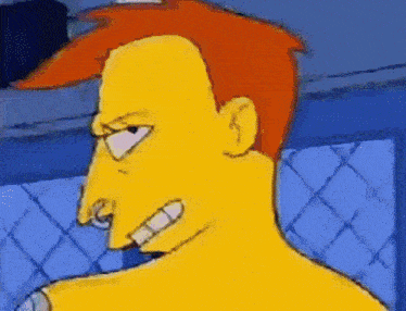 a close up of a cartoon character 's face with a red mohawk