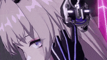 a close up of a person 's face with a purple light behind them