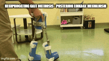 a person wearing a pair of blue and white boots with a caption that says regiprocating gait orthosis - posterior linkage mechanism