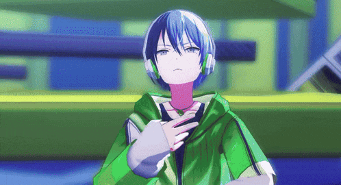 a girl with blue hair and headphones is wearing a green jacket and a pink necklace .