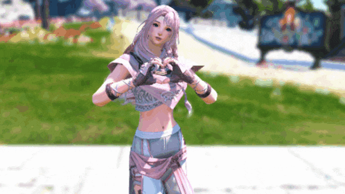 a girl with pink hair is making a heart shape with her hands in a video game .