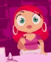 a cartoon girl with red hair and green eyes is sitting in a bathroom .