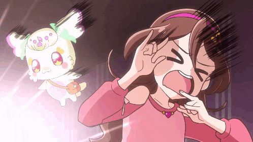 a girl in a pink shirt is covering her ears with her hands while a cartoon character flies in the background