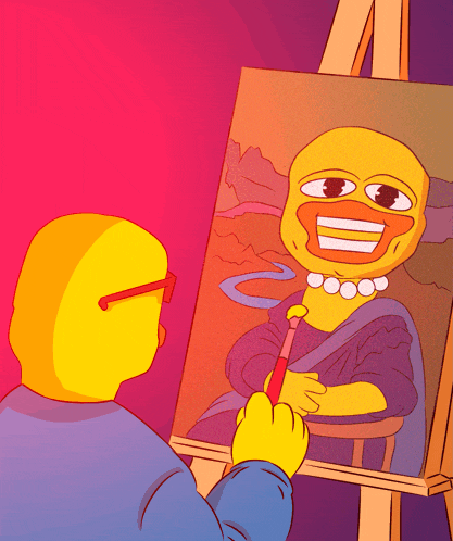 a cartoon drawing of a man painting a picture of a duck
