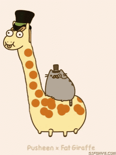 a cartoon of a giraffe with a cat wearing a top hat on top of it