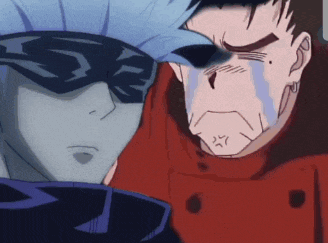 a man in a red jacket is crying next to a man in a mask
