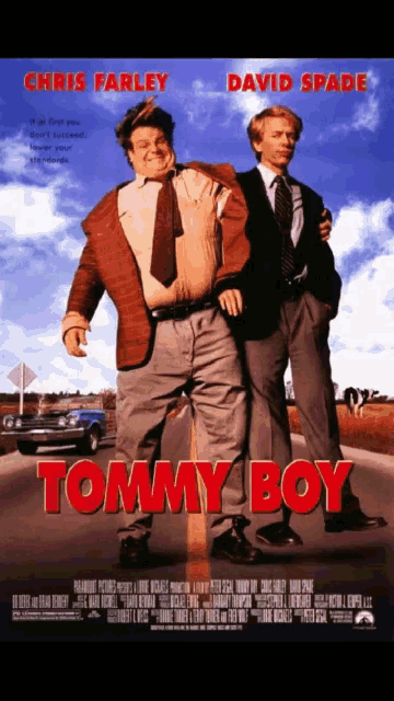 a movie poster for tommy boy with chris farley and david spade on it