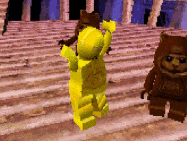a pixelated image of a yellow lego figure standing next to a brown lego figure