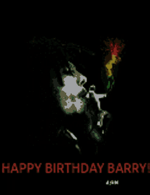 a man smoking a cigarette with the words " happy birthday barry " below him