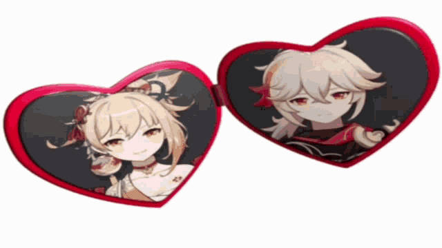 two hearts with anime characters on them one of which is a boy and one of which is a girl