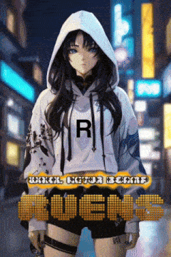 a girl in a white hoodie with the letter r on the front