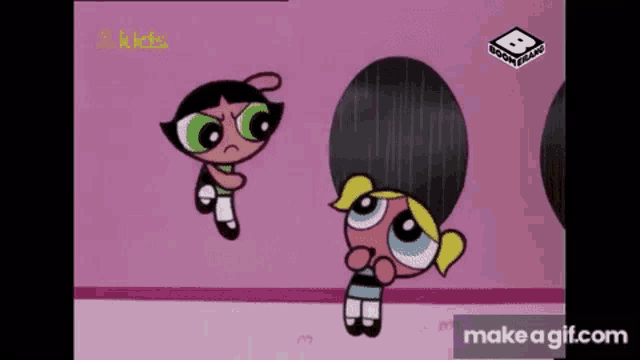 buttercup and bubbles from the powerpuff girls are standing next to each other in a pink room .