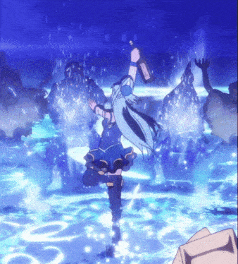 a girl in a blue dress is standing in the water with her arms in the air