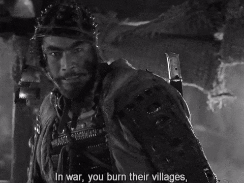 a black and white photo of a man with the words in war you burn their villages below him