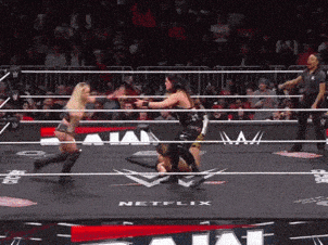 two women are wrestling in a ring that says netflix on the floor