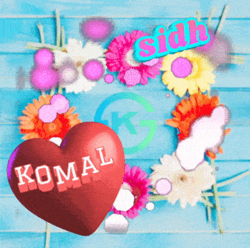 a heart with komal written on it is surrounded by flowers