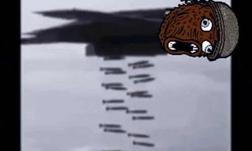 a cartoon drawing of a man with a helmet on his head looking at a plane
