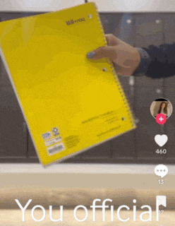 a person is holding a yellow notebook and the words you official are visible