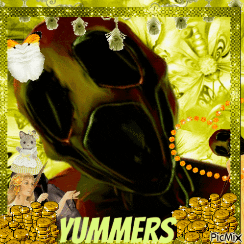 a picture of a woman surrounded by gold coins and the words yummers on the bottom