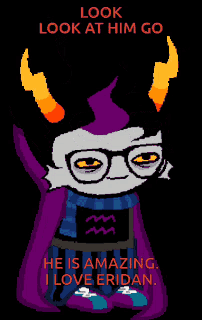 a cartoon character with horns and glasses says look look at him go