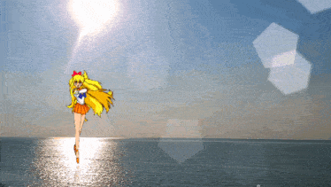a cartoon of a girl standing on a beach