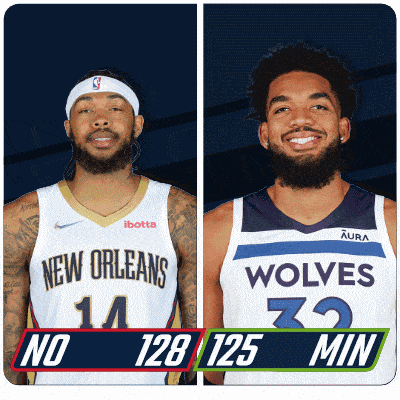 two basketball players from new orleans and wolves are shown