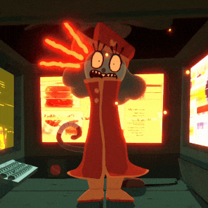 a cartoon character in a red coat is standing in front of a computer monitor