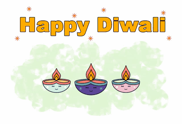 a happy diwali greeting card with candles and stars