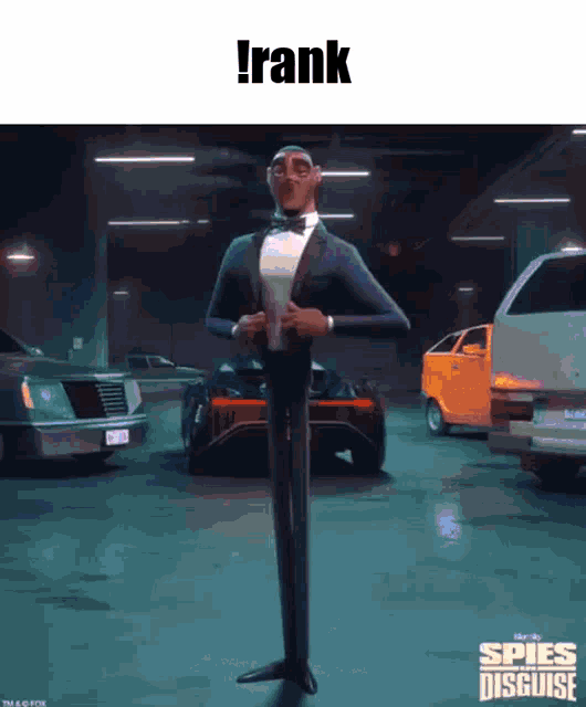 a cartoon character from the movie spies in disguise is standing in front of cars