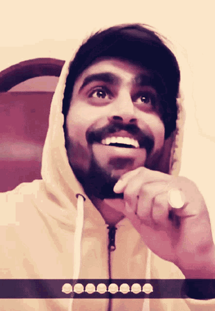 a man with a beard is wearing a hoodie and a hat