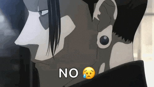 a close up of a man 's face with a sad face and the words `` no '' .