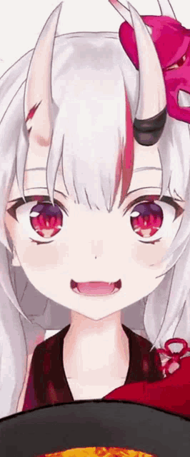 a close up of a anime girl with horns