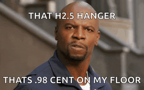 a bald man with a beard has a caption that says that h2.5 hanger thats .98 cent on my floor