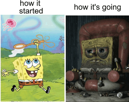 a cartoon of spongebob is next to a picture of spongebob sitting in a chair