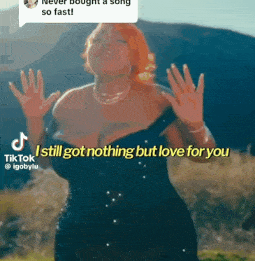 a woman in a black dress is dancing with the words " i still got nothing but love for you " above her