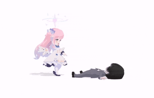 a cartoon of a man laying on the ground with a pink haired girl standing behind him .