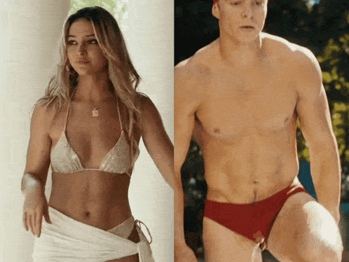 a woman in a bikini next to a man in a red swim trunks