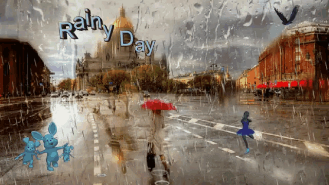 a picture of a city street with the words rainy day written on the window