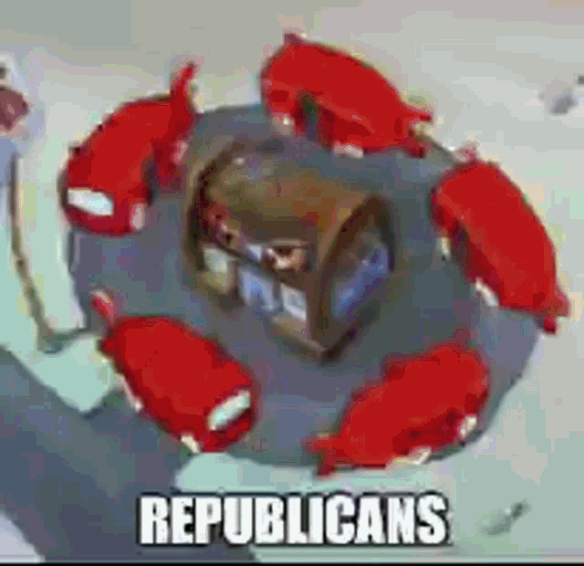 a group of red crabs are surrounding a treasure chest with the words republicans written on the bottom