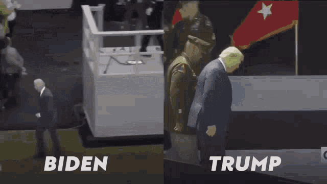 a biden and a trump are walking on a sidewalk