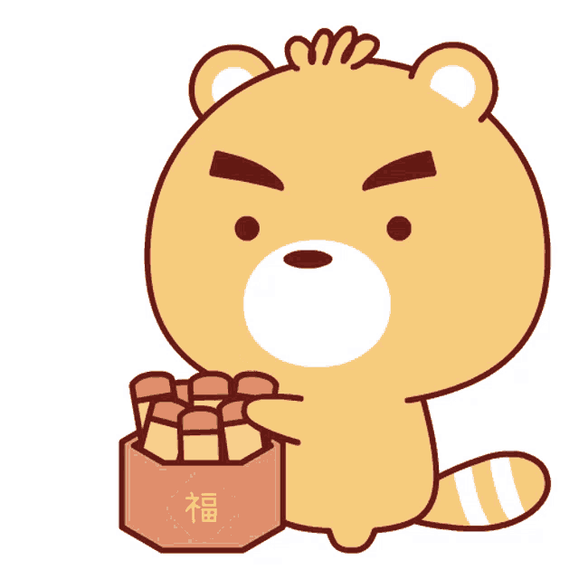 a cartoon drawing of a bear holding a bag with chinese characters on it