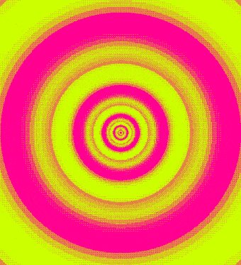 a pink and yellow optical illusion with a circle in the middle